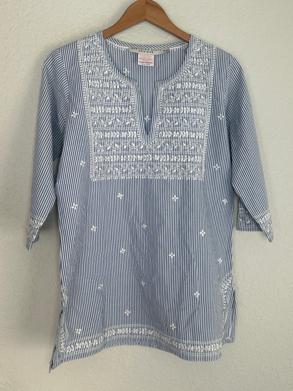 Gretchen Scott Designs Blue White Striped Embroidered Tunic Top Summer Vacation